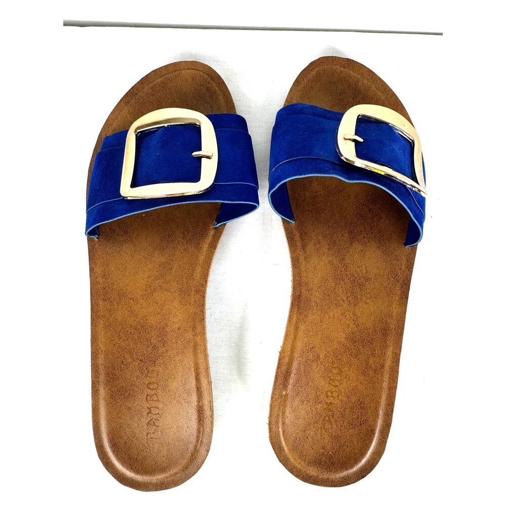 Bamboo Blue with Big Gold Buckle Slide Sandals womens size 9